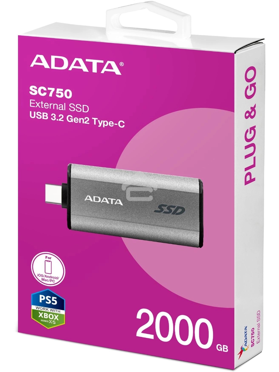 Твердотельный диск A-DATA External SC750 серый SC750-2000G-CCBK 2TB USB 3.2 Gen 2 Type-C, [R/W -1050/1000 MB/s]