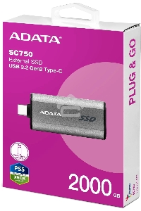 Твердотельный диск A-DATA External SC750 серый SC750-2000G-CCBK 2TB USB 3.2 Gen 2 Type-C, [R/W -1050/1000 MB/s]