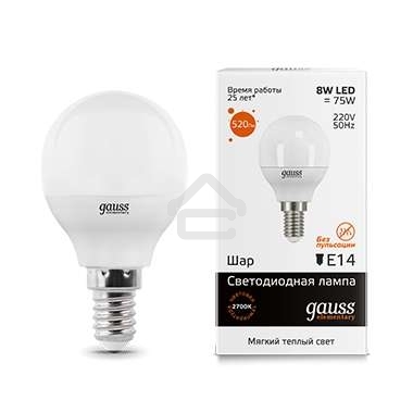 Лампа светодиодная LED Gauss 8Вт E14 220В 2700К Elementary шар 53118