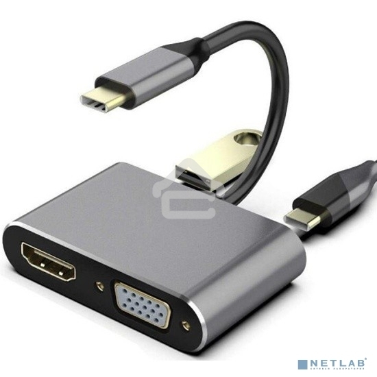 Кабель-концентратор USB3.1 TypeCm -->HDMI+USB3.0+PD+VGA Alum Grey 4K@30Hz, Telecom<TUC055>