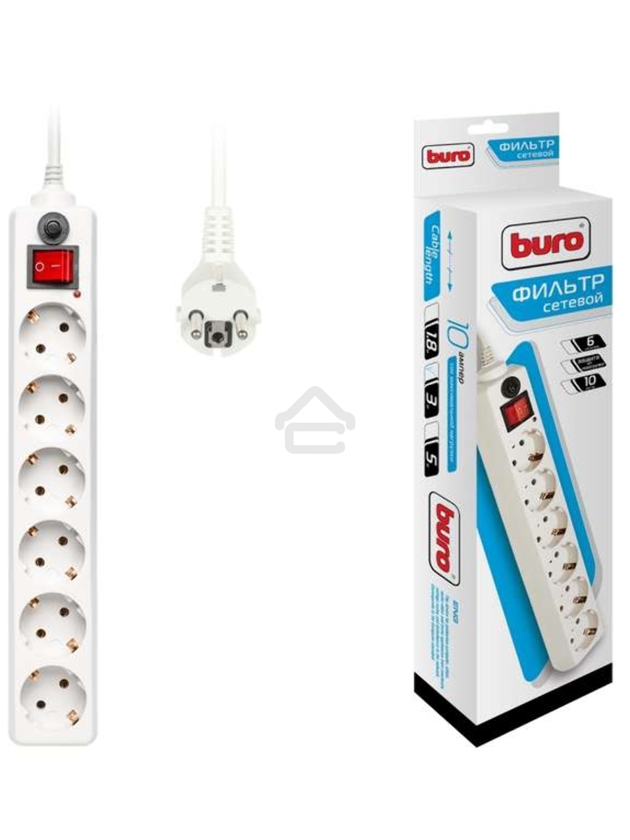 Сетевой фильтр BURO Сетевой фильтр, 6 розеток, 3 метра, (600SH-3-W), белый {992266}
