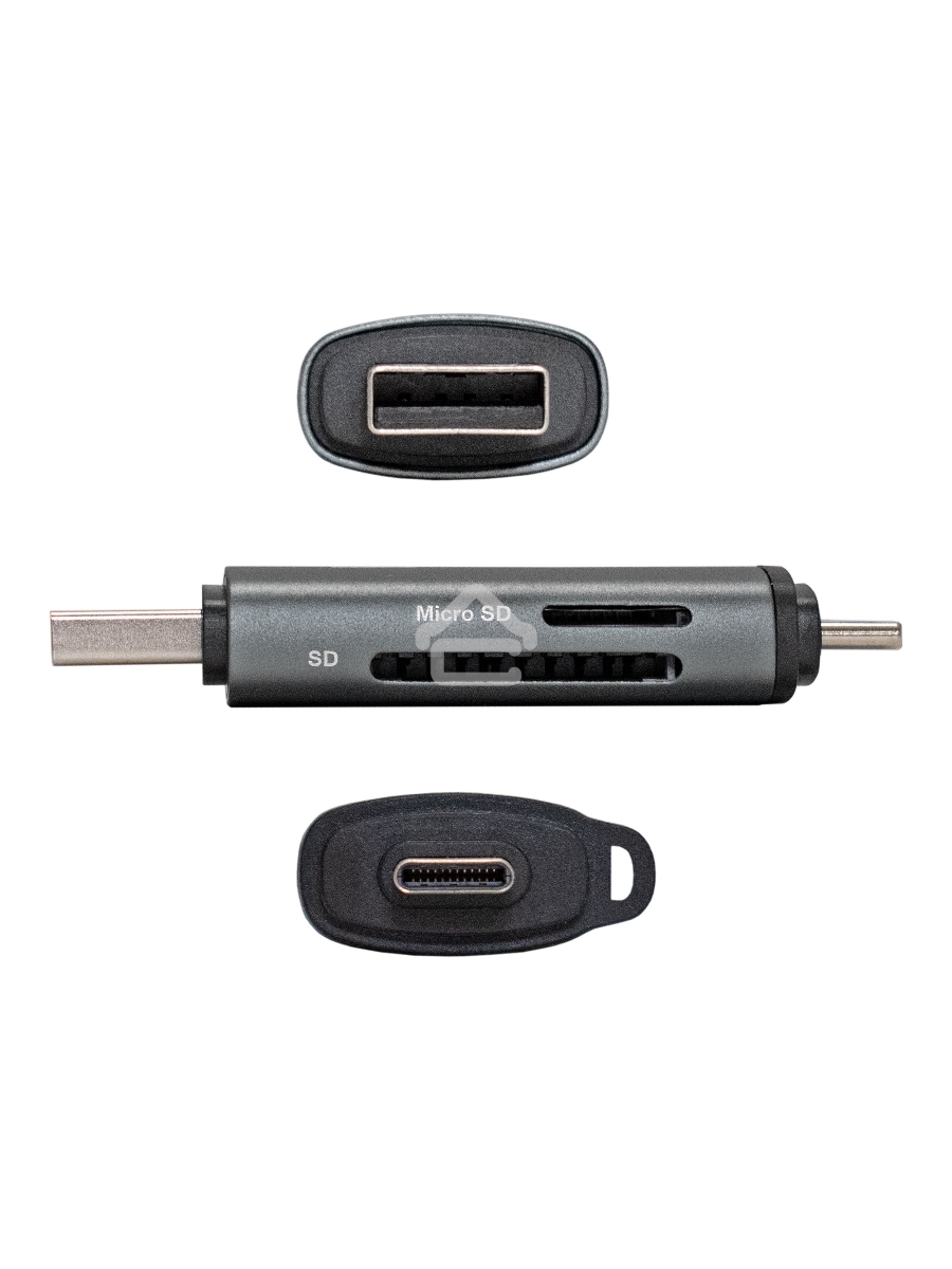 Устройство чтения/записи карт памяти ExeGate CR-201CA (кабель-адаптер USB Type-A/Type-C --> Card Reader, поддержка стандартов: SD/SDHC/MMCII/RS MMC, Micro SD/ Micro SDHC/Micro SDXC, Plug&Play, серый)