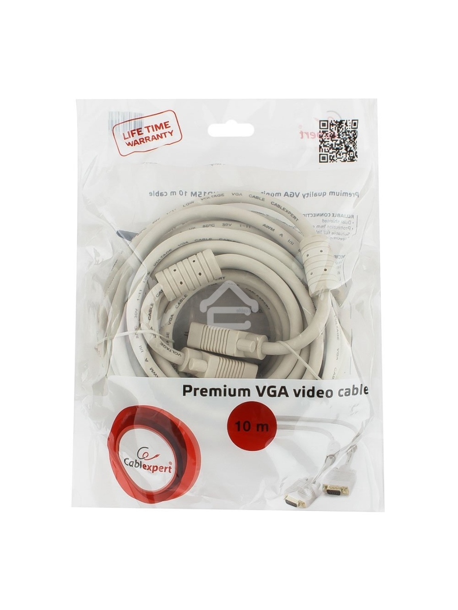 Кабель Gembird/Cablexpert CC-PPVGA-10m, Кабель VGA Premium , 15M/15M, 10м, серый, тройной экран, феррит.кольца