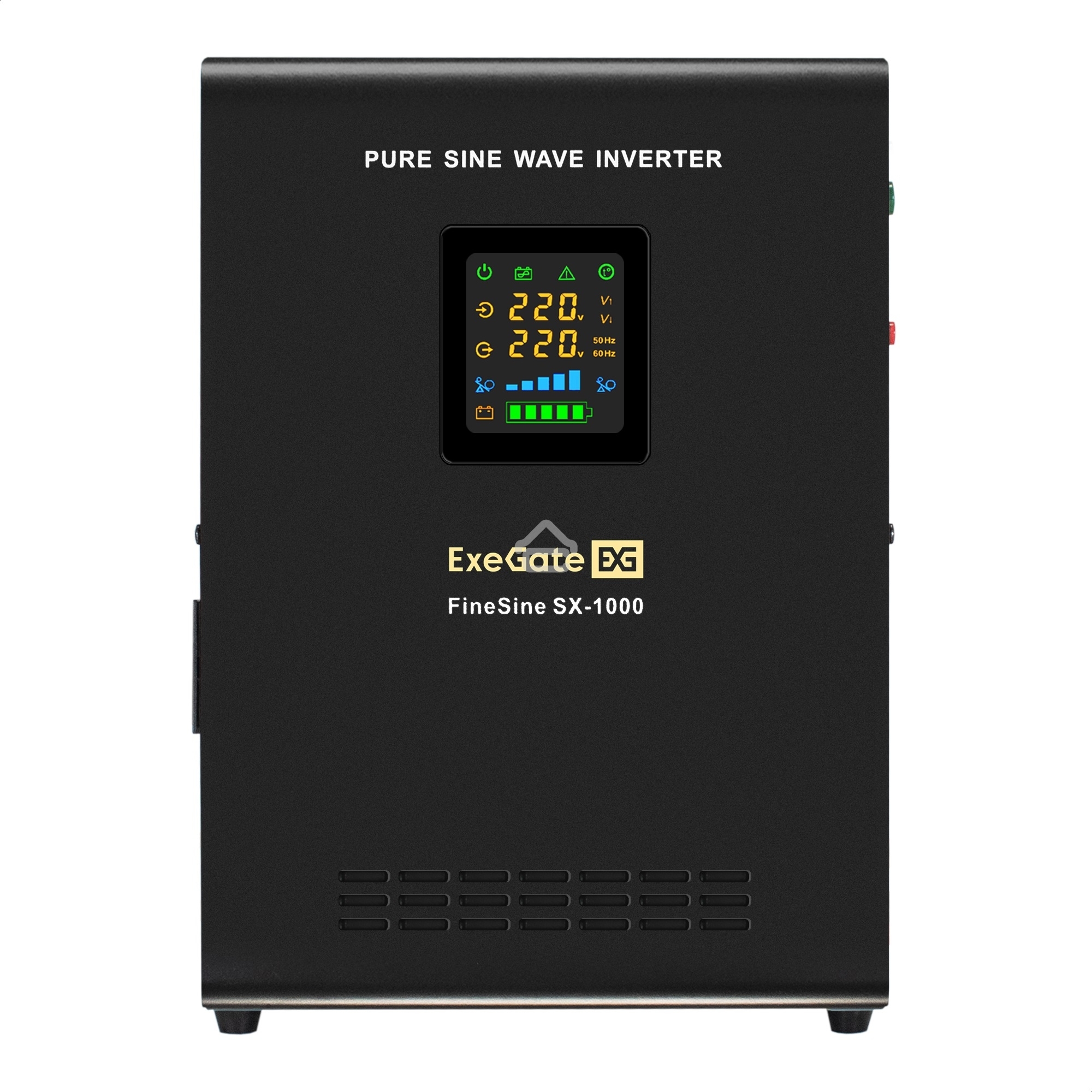 Комплект ИБП EX295997RUS + батарея 100Aч EX282985RUS 1шт (инвертор, синус, для котла, настенный) ExeGate FineSine SX-1000.LCD.AVR.2SH <1000VA/600W, чистая синусоида, цветной LCD-дисплей, AVR, 2*Schuko, линейно-интерактивный, крепление настенное/универсаль