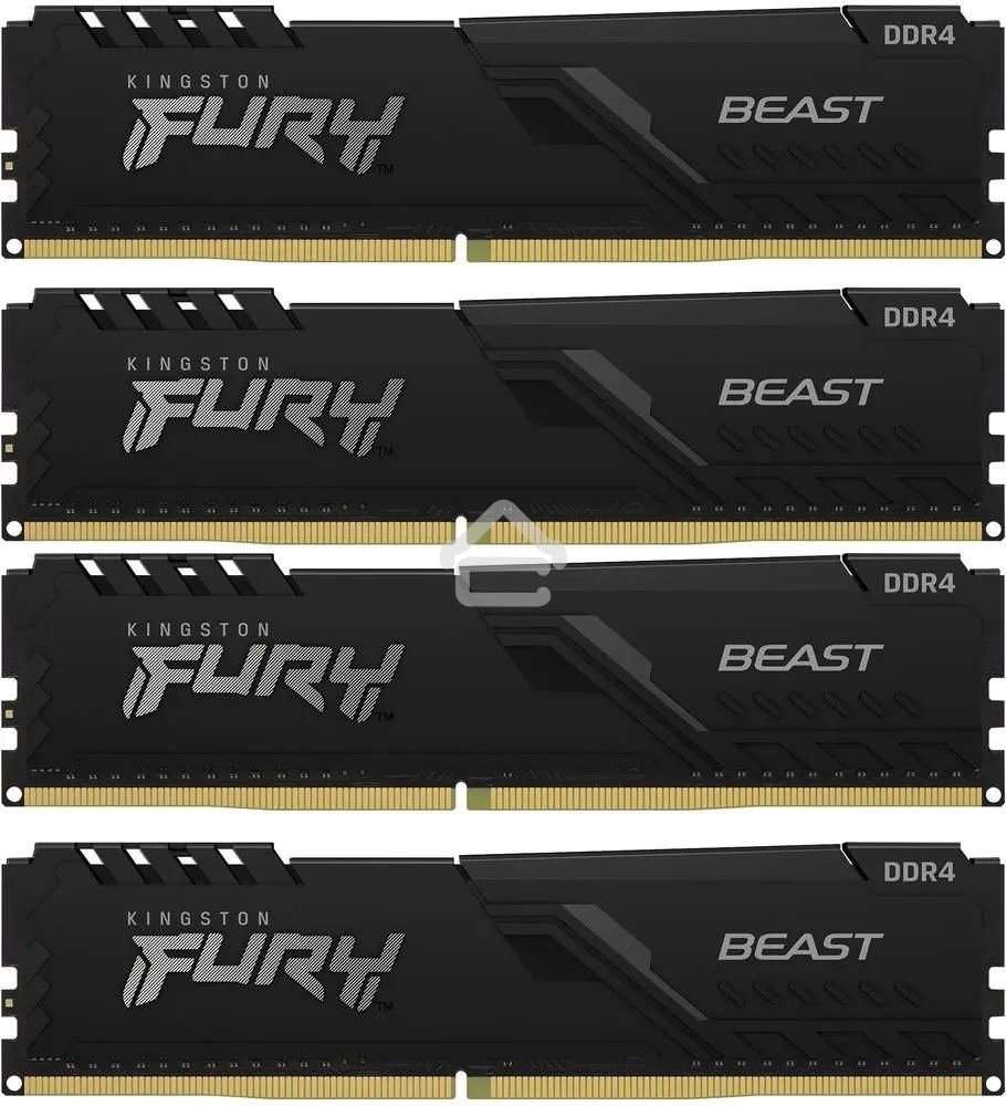 Оперативная память Kingston Fury Beast, DDR4, 64GB (4x16GB), 3200MHz, CL16, DIMM, с радиатором, черный