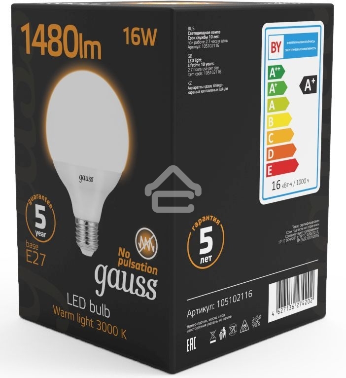 Светодиодная лампа GAUSS 105102116 LED G95 E27 16W 1360lm 3000K 1/32