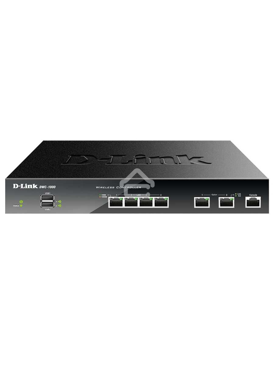Коммутатор D-Link DWC-1000/C1A, Wireless Controller 2 10/100/1000 BASE-T Gigabit Ethernet Option Ports, 4 10/100/1000 BASE-TGigabit Ethernet LAN Ports 2 USB 2.0 Ports, 1 RJ-45 External Console port Compatible