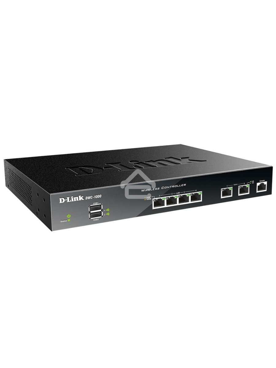 Коммутатор D-Link DWC-1000/C1A, Wireless Controller 2 10/100/1000 BASE-T Gigabit Ethernet Option Ports, 4 10/100/1000 BASE-TGigabit Ethernet LAN Ports 2 USB 2.0 Ports, 1 RJ-45 External Console port Compatible