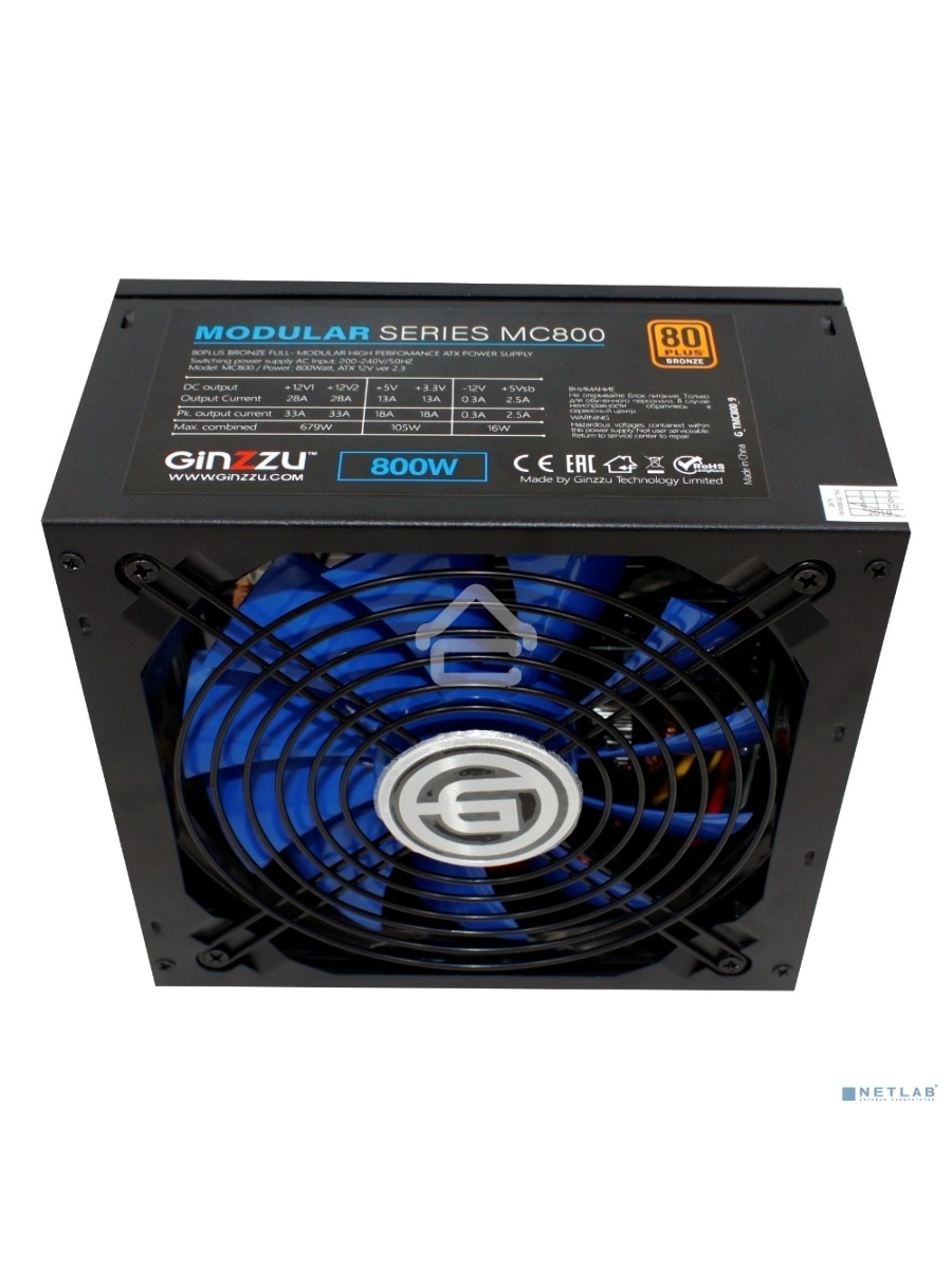 Блок питания Ginzzu MC800, 800Вт, 80 PLUS Bronze, 140мм, модульный, черный
