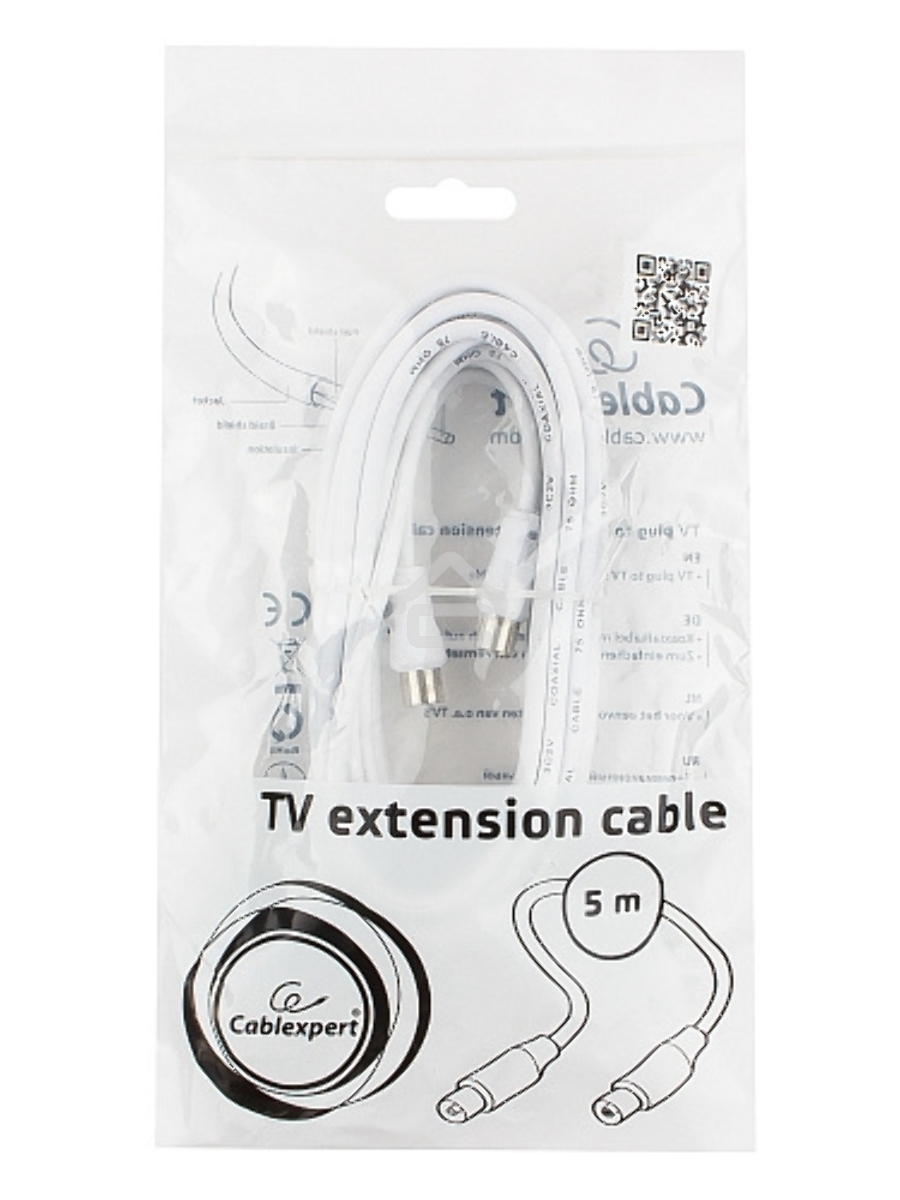 Кабель телевизионный Cablexpert, CCV-515-W-5M, Coaxial M/F, белый, 5м
