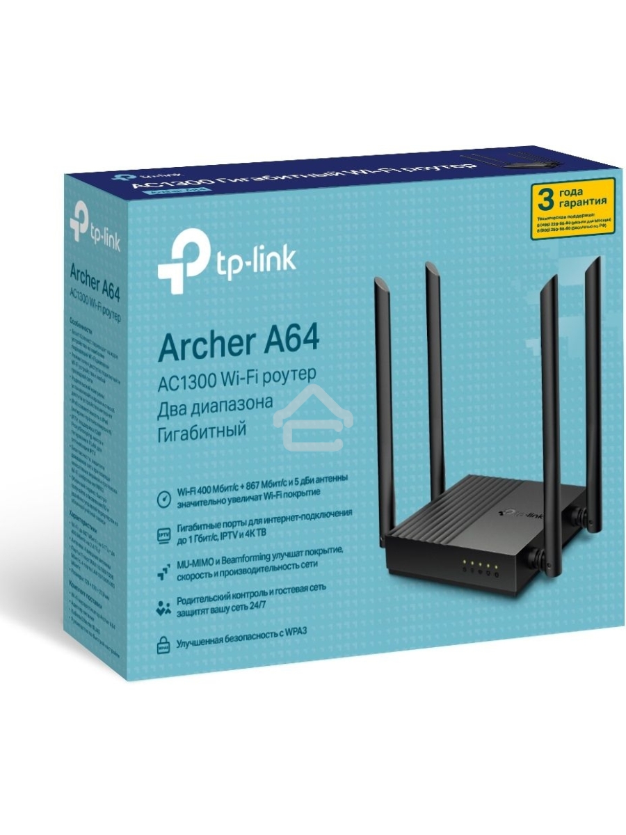 Роутер TP-Link Archer A64 AC1300 Wi-Fi роутер с MU-MIMO. RouterSPEED: 400 Mbps at 2.4GHz + 867Mbps at 5GHz SPEC: 4×Antennas, 1×Gigabit WAN Port + 4×Gigabit LAN Ports FEATURE: Tether App, WPA3, Access Point Mode, IPv6 Supported, IPTV, Beamforming, Smart Co