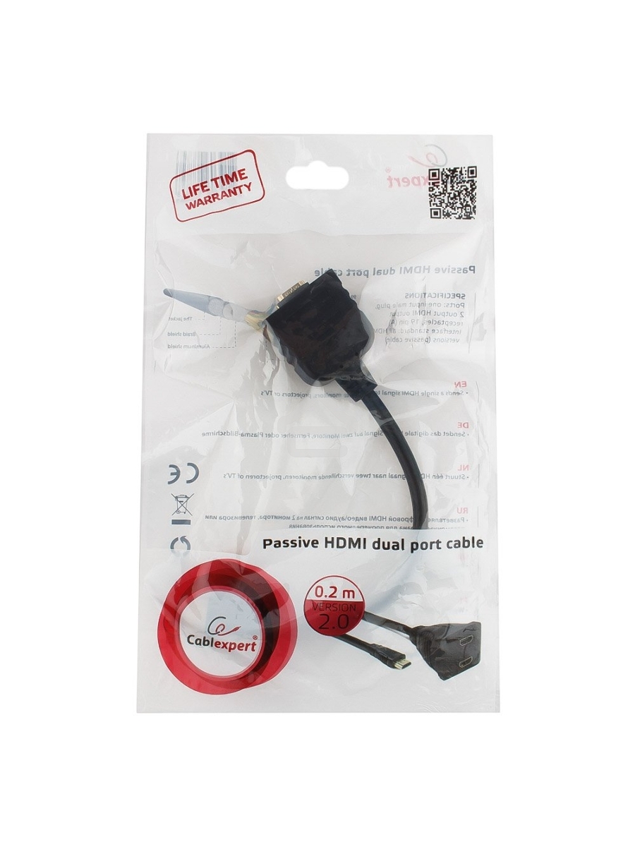 Разветвитель HDMI Cablexpert DSP-2PH4-002, HD19F/2x19F, 1 компьютер => 2 монитора, пасcивный, Full-HD, 3D, 1.4v