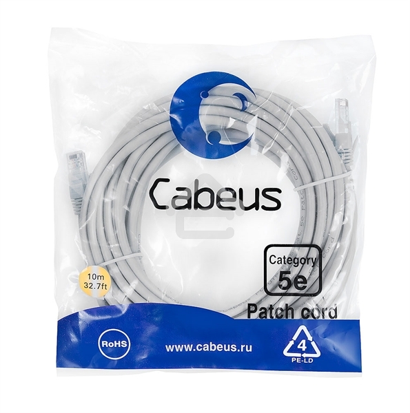 Шнур коммутационный Cabeus, кат. 5е, неэкр., U/UTP, RJ45/RJ45, LSZH, AWG24 10м, серый