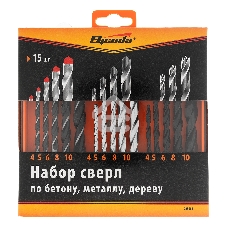 Набор сверл по бетону, металлу, дереву Sparta 4-5-6-8-10 мм, 15 шт. пласт. бокс, цилин. хвостовик