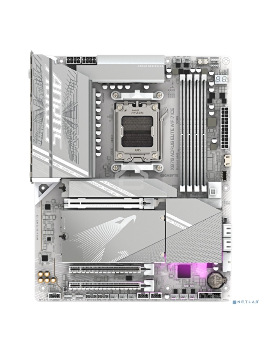 Материнская плата Gigabyte X870 AORUS ELITE WIFI7 ICE, AM5, AMD X870, 4xDDR5, 4xSATA, 4xM.2, 1xPCI-E 5.0 x16, 1xPCI-E 4.0 x4, 1xPCI-E 3.0 x2, 1xHDMI, 1x 2.5Gb LAN, 2xUSB-C 4.0, 2xUSB 3.2 Gen 2, 4xUSB 3.2 Gen 1, 4xUSB 2.0, 2x3.5 мм, 7.1, ATX