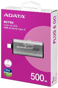 Твердотельный диск A-DATA External SC750 серый SC750-500G-CCBK 500GB USB 3.2 Gen 2 Type-C, [R/W -1050/1000 MB/s]