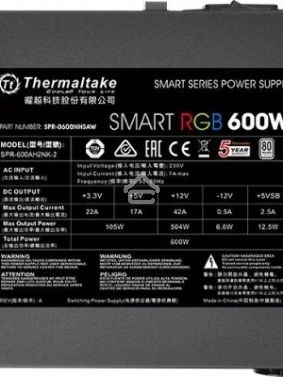 Блок питания Thermaltake Smart RGB (PS-SPR-0600NHSAWE-1), 600Вт, 80 PLUS, 120мм, черный