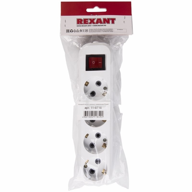 Колодка 4 гнезда Rexant с кнопкой c заземлением