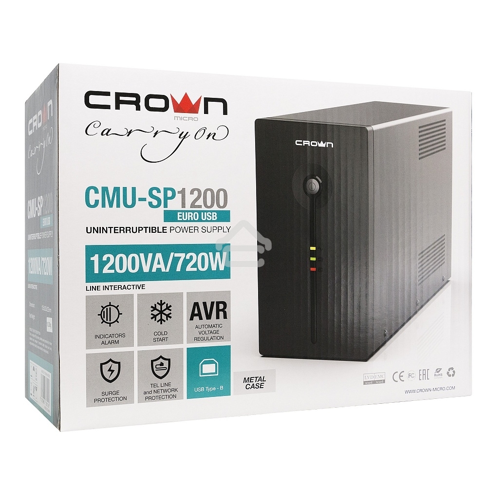 Источник бесперебойного питания CROWN Line Intractive CMU-SP1200EURO USB 1200VA\720W, корпус металл, 2x12V/9AH, розетки 4*EURO+1*IEC bybass, трансформатор AVR 140-290V, cъёмный кабель 1.2 м, порт RJ11/45, порт USB, защита: от перегрузки, от КЗ, от скачков