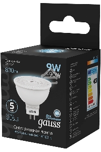 Лампа светодиодная Gauss 101505209 9Вт цок.:GU5.3 рефлек. 150B св.свеч.бел.нейт. MR16 (упак.:10шт)