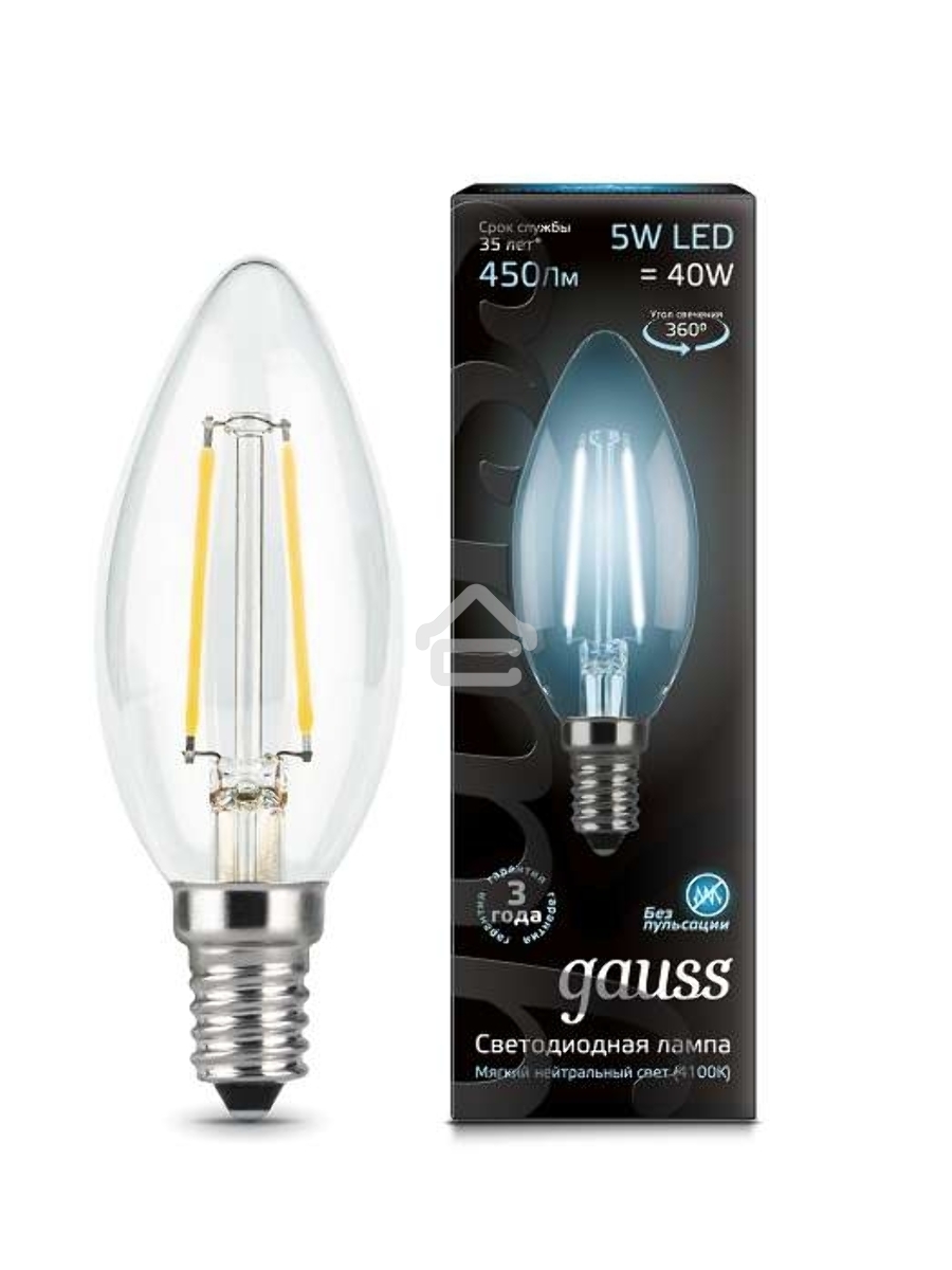 Лампа светодиодная GAUSS 103801205LED Filament Candle Е14 5Вт 4100к 1/10/50