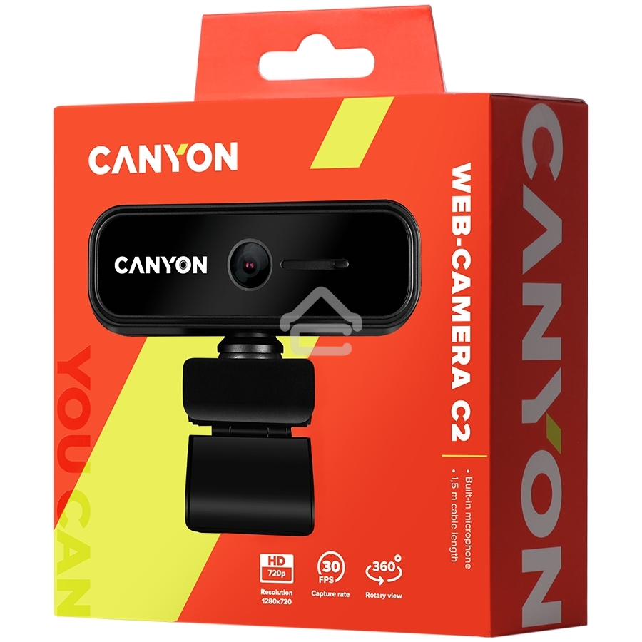 Веб камера CANYON C2 720P HD 1.0Mega fixed focus webcam with USB2.0. connector, 360° rotary view scope, 1.0Mega pixels, built in MIC, Resolution 1280*720(1920*1080 by interpolation), viewing angle 46°, cable length 1.5m, 90*60*55мм, 0.104kg, черный