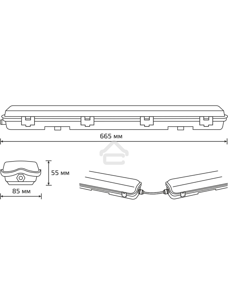 Светильник линейный Gauss СПП-Т8-G13 LITE 220-230V IP65 665*85*55мм для LED ламп 2х600мм 1/16