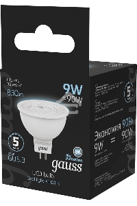 Лампа светодиодная Gauss 101505209 9Вт цок.:GU5.3 рефлек. 150B св.свеч.бел.нейт. MR16 (упак.:10шт)