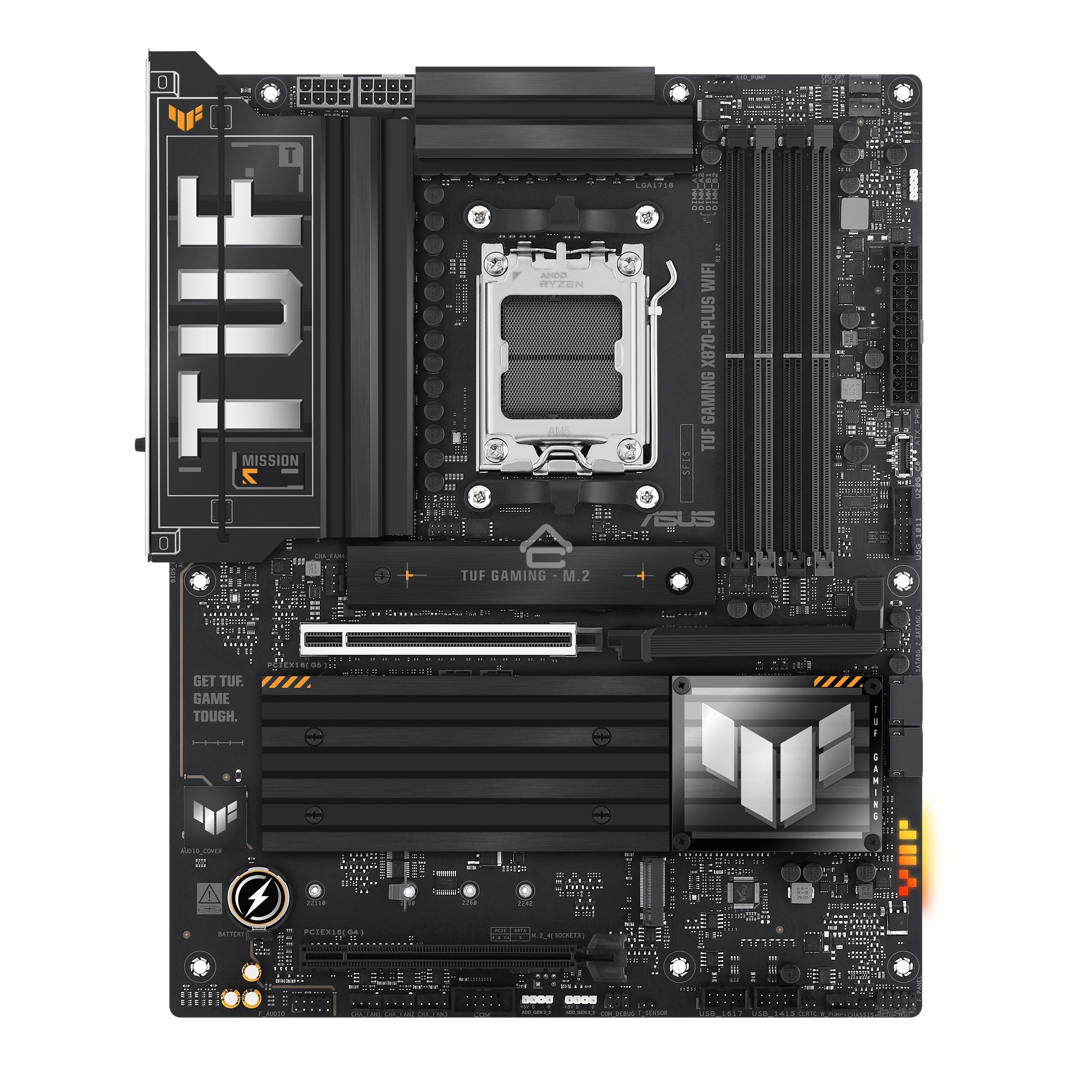 Материнская плата ASUS TUF GAMING X870-PLUS WIFI, AM5, AMD X870, 4xDDR5, 2xSATA, 4xM.2, 1xPCIe 5.0 x16, 1xPCIe 4.0 x4, 1xHDMI, 1xUSB-C 3.2 Gen 2, 1xUSB-C 3.2 Gen 2x2, 2xUSB-C 4.0, 1x 2.5Gb LAN, 1xUSB-A 2.0, 3xUSB-A 3.2 Gen 2, 4xUSB-A 3.2 Gen 1, 5x3.5 мм, 