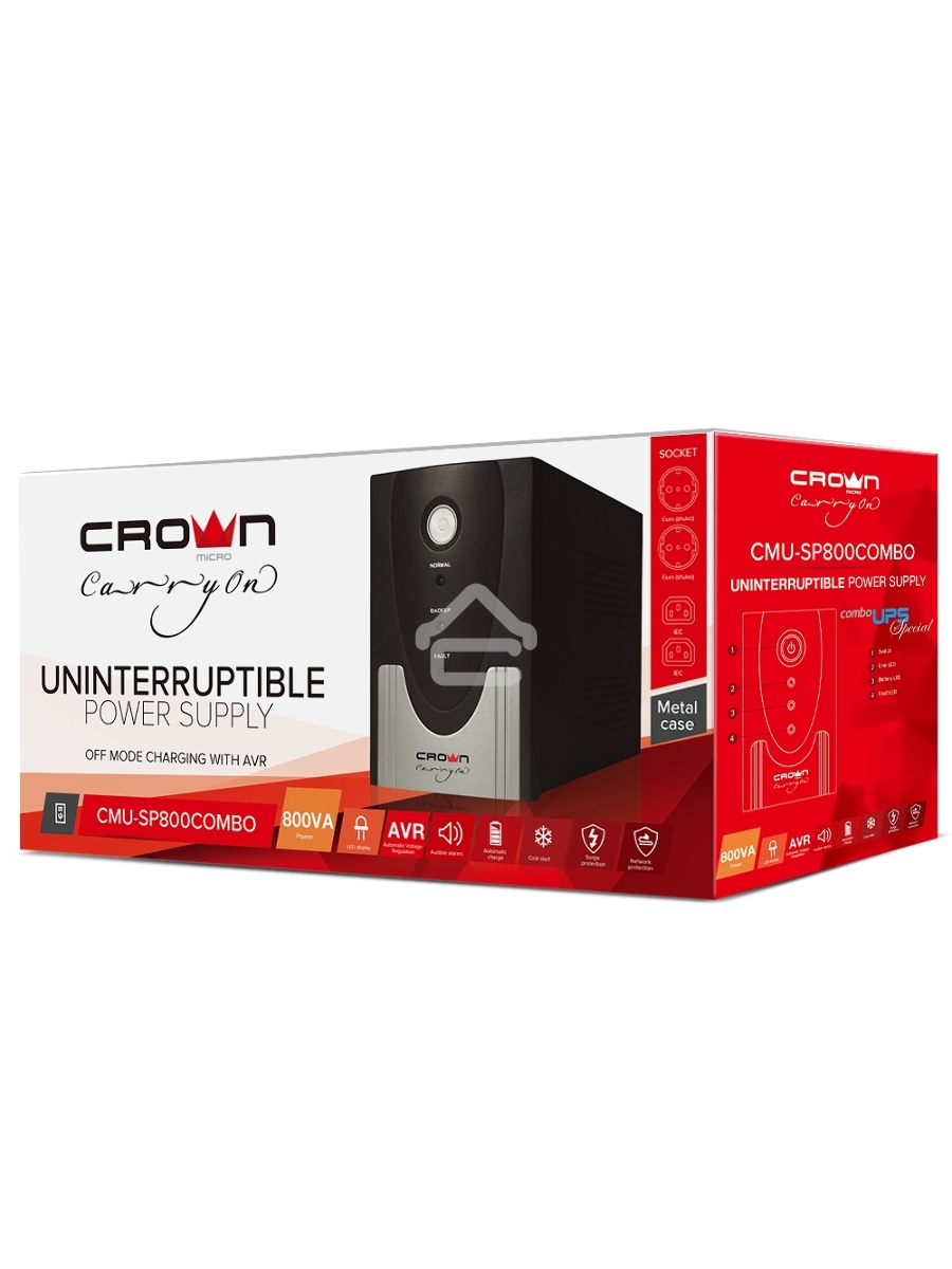 Источник бесперебойного питания CROWN ИБП CMU-SP800 COMBO {800VA металл,1x12V/9AH, розетки 2*IEC + 2*EURO} CM000001494