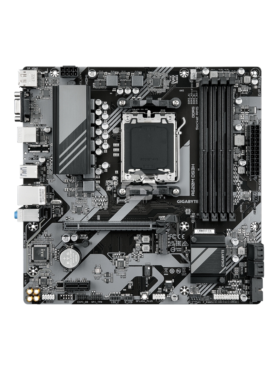 Материнская плата Gigabyte A620M DS3H, Micro-ATX, AM5, AMD A620, 4xDDR5, 4xSATA, 1xM.2, 1xPCI-E 4.0 x16, 1xPCI-E x1, 1xHDMI, 1xDP, 1xVGA, 1x 1Gb LAN, 1xUSB 3.2 Gen 1, 4xUSB 2.0, 3x3.5mm, 7.1, ATX