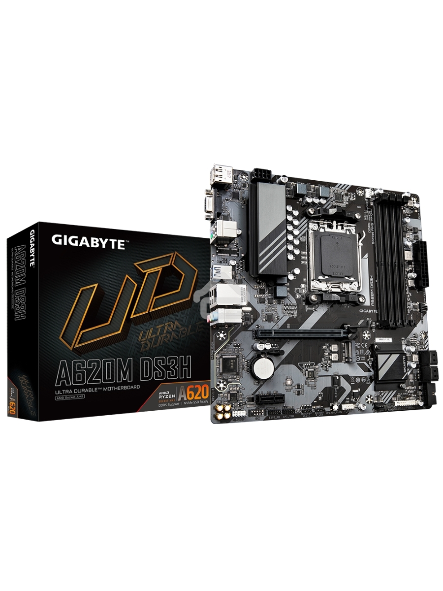 Материнская плата Gigabyte A620M DS3H, Micro-ATX, AM5, AMD A620, 4xDDR5, 4xSATA, 1xM.2, 1xPCI-E 4.0 x16, 1xPCI-E x1, 1xHDMI, 1xDP, 1xVGA, 1x 1Gb LAN, 1xUSB 3.2 Gen 1, 4xUSB 2.0, 3x3.5mm, 7.1, ATX