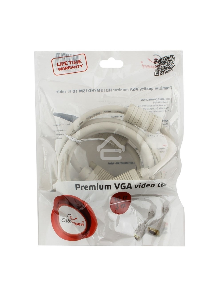 Кабель Gembird/Cablexpert CC-PPVGA-10, Кабель VGA Premium 15M/15M, 3.0м, белый, тройной экран, феррит.кольца
