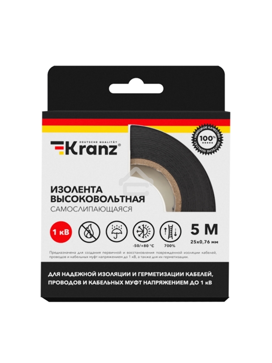 Изолента высоковольтная KRANZ самослипающаяся, до 1кВ, 0.76х25 мм, 5 м