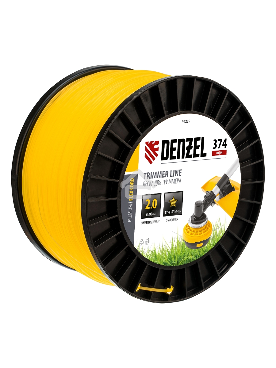 Леска для триммера звезда, 2,0мм х 374м, на DIN катушке FLEX CORD Denzel
