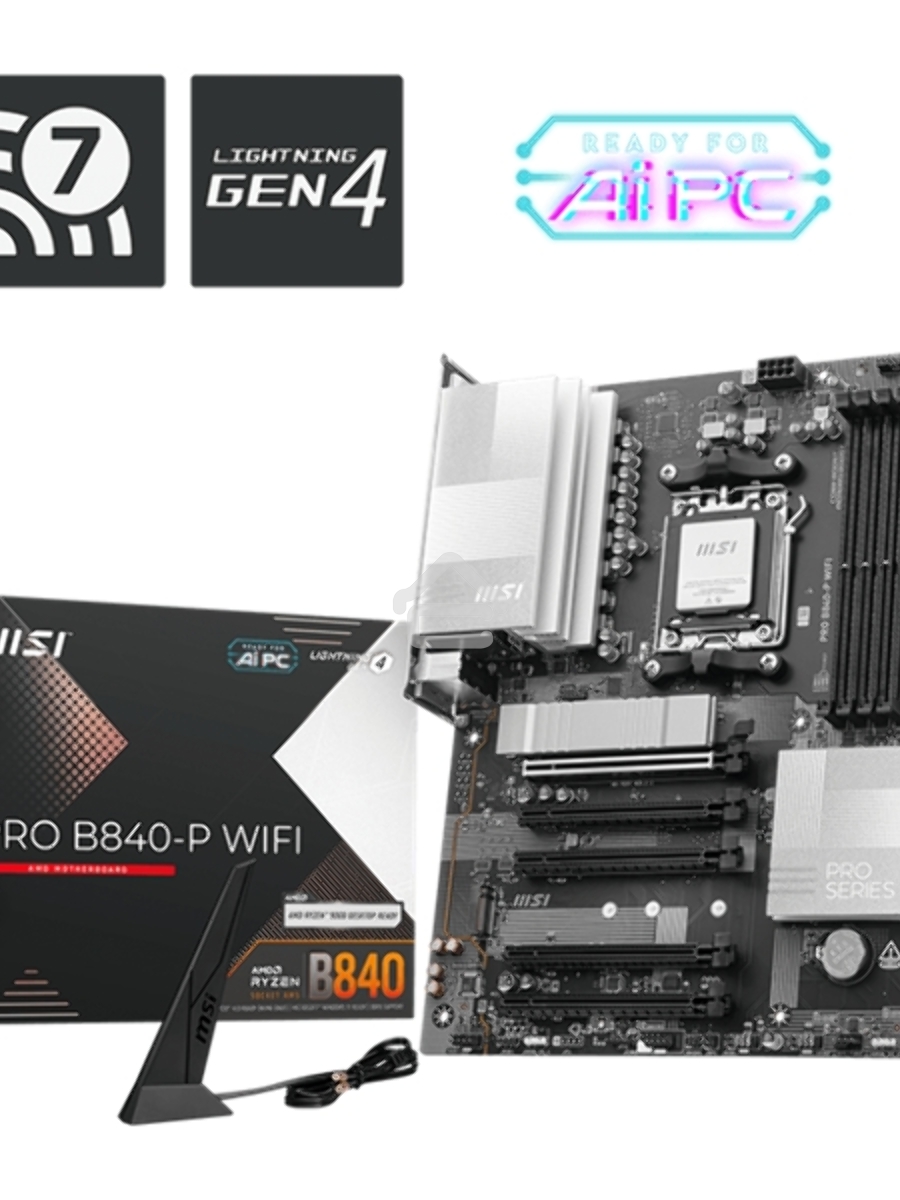 Материнская плата MSI PRO B840-P WIFI, Socket AM5, AMD B840, 4xDDR5, 4xSATA, 2xM.2, 1xPCI-E 4.0 x16, 1xPCI-E 3.0 x4, 3xPCI-E 3.0 x1, 1xHDMI, 1x 2.5Gb LAN, 4xUSB-A 2.0, 2xUSB-A 5Gbps, 1xUSB-C 5Gbps, 1xUSB-A 10Gbps, 1xUSB-C 10Gbps, 3x3.5 мм, 7.1, ATX