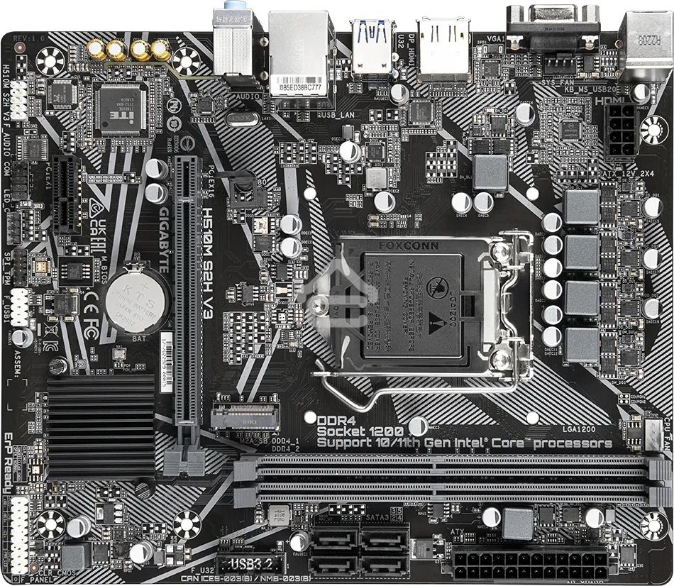 Материнская плата Gigabyte H510M S2H V3 (V2.0), LGA 1200, Intel H470, 2xDDR4, 4xSATA, 1xM.2, 1xPCIe 3.0 x16, 1xDP, 1xHDMI, 1xVGA, 1x 1Gb LAN, 2xUSB-A 3.2 Gen 1, 4xUSB-A 2.0, 3x 3.5 мм, 7.1, mATX