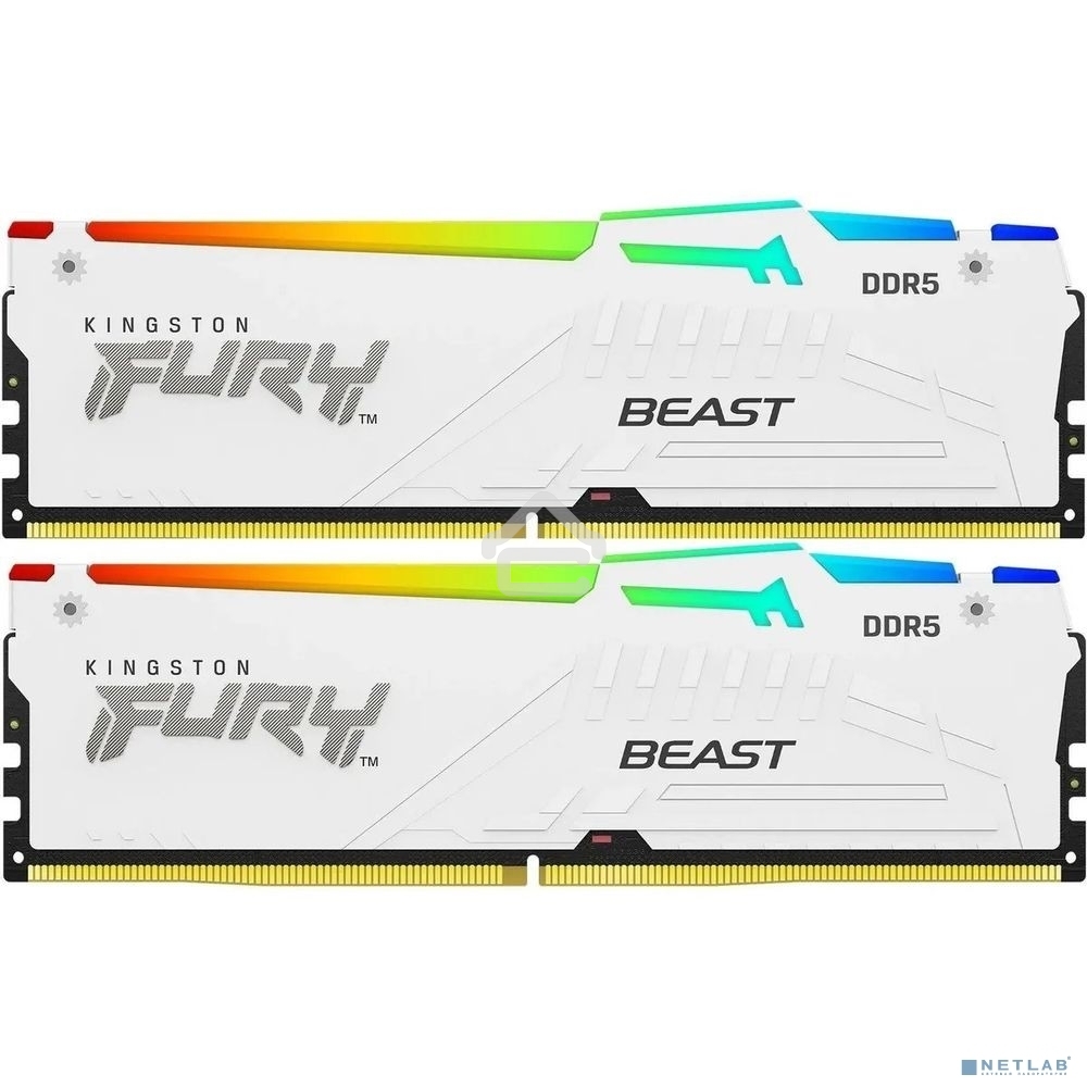 Оперативная память Kingston Fury Beast, DDR5, 32Gb (2x16Gb), 5200MHz, CL40, DIMM, с радиаторами, RGB, белый