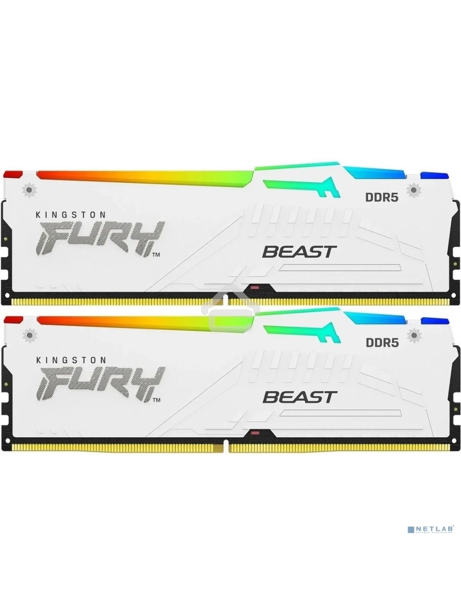 Оперативная память Kingston Fury Beast, DDR5, 32GB (2x16GB), 5200MHz, CL40, DIMM, с радиаторами, RGB, белый