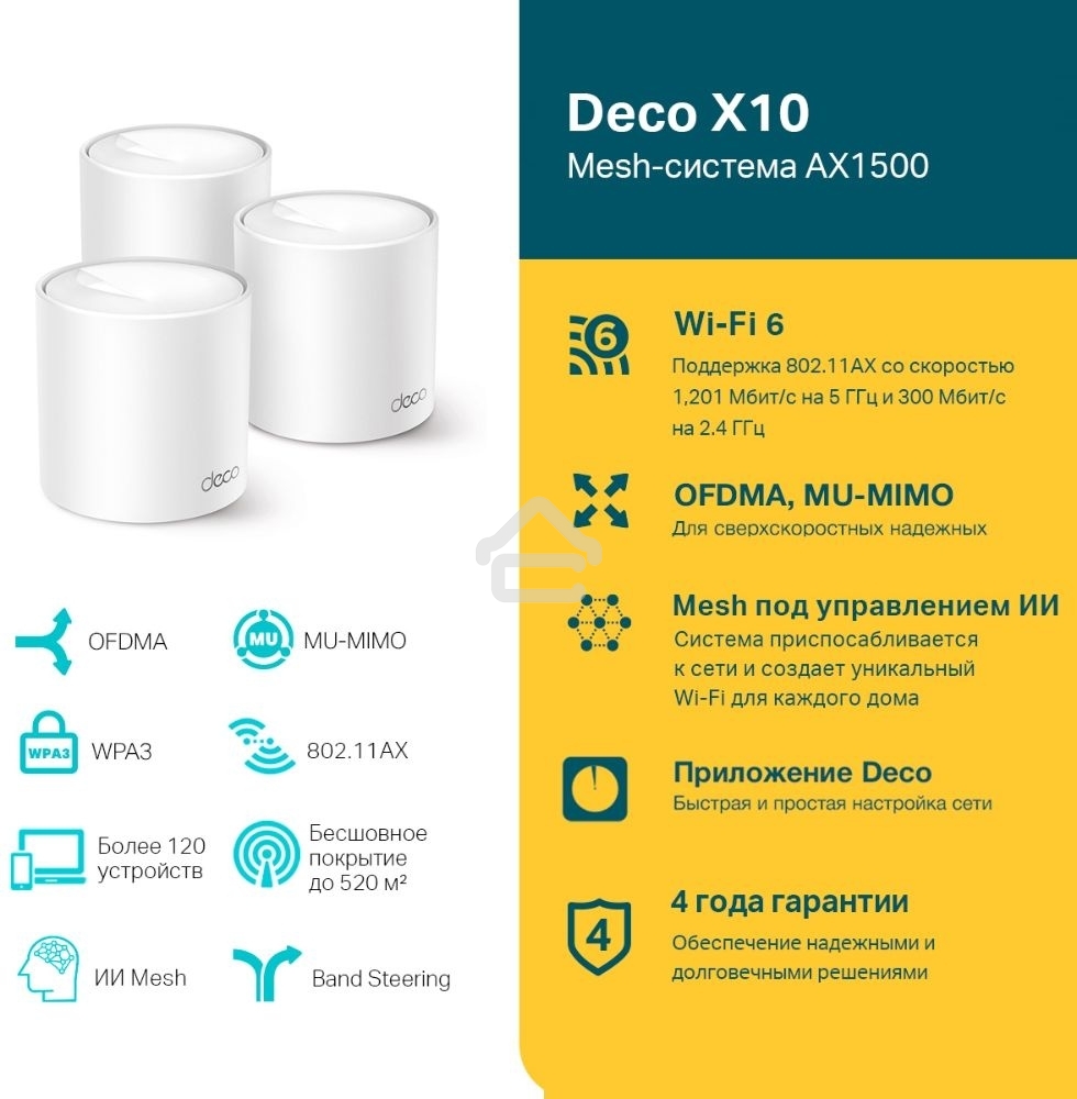 Бесшовный Mesh роутер TP-Link Deco X10 (DECO X10(3-PACK)) AX1500 10/100/1000BASE-TX белый (упак.:3шт)