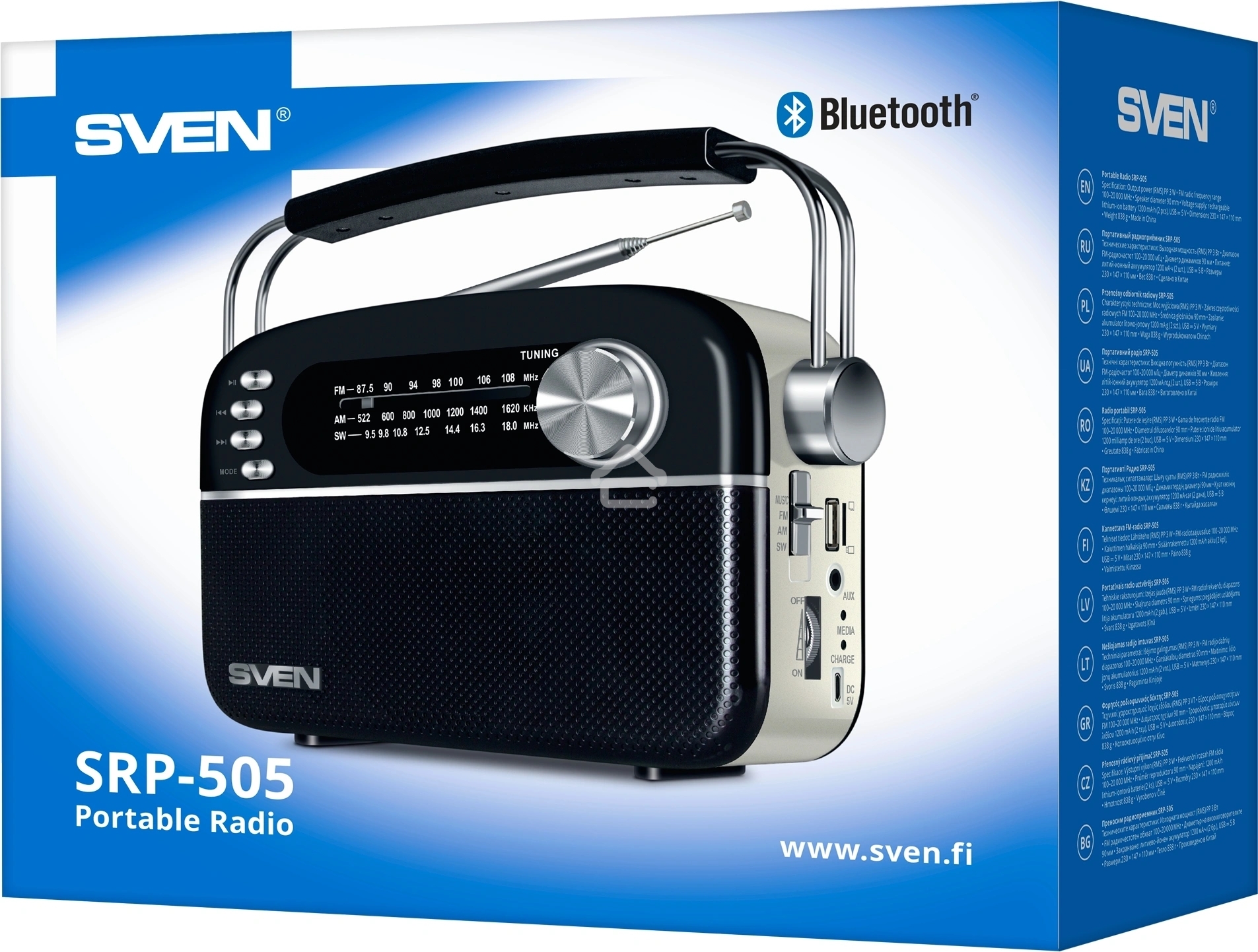 Радиоприёмник SVEN SRP-505 (4 Вт, FM/AM/SW, USB, SD/microSD, Bluetooth, 1200 мАч)черный