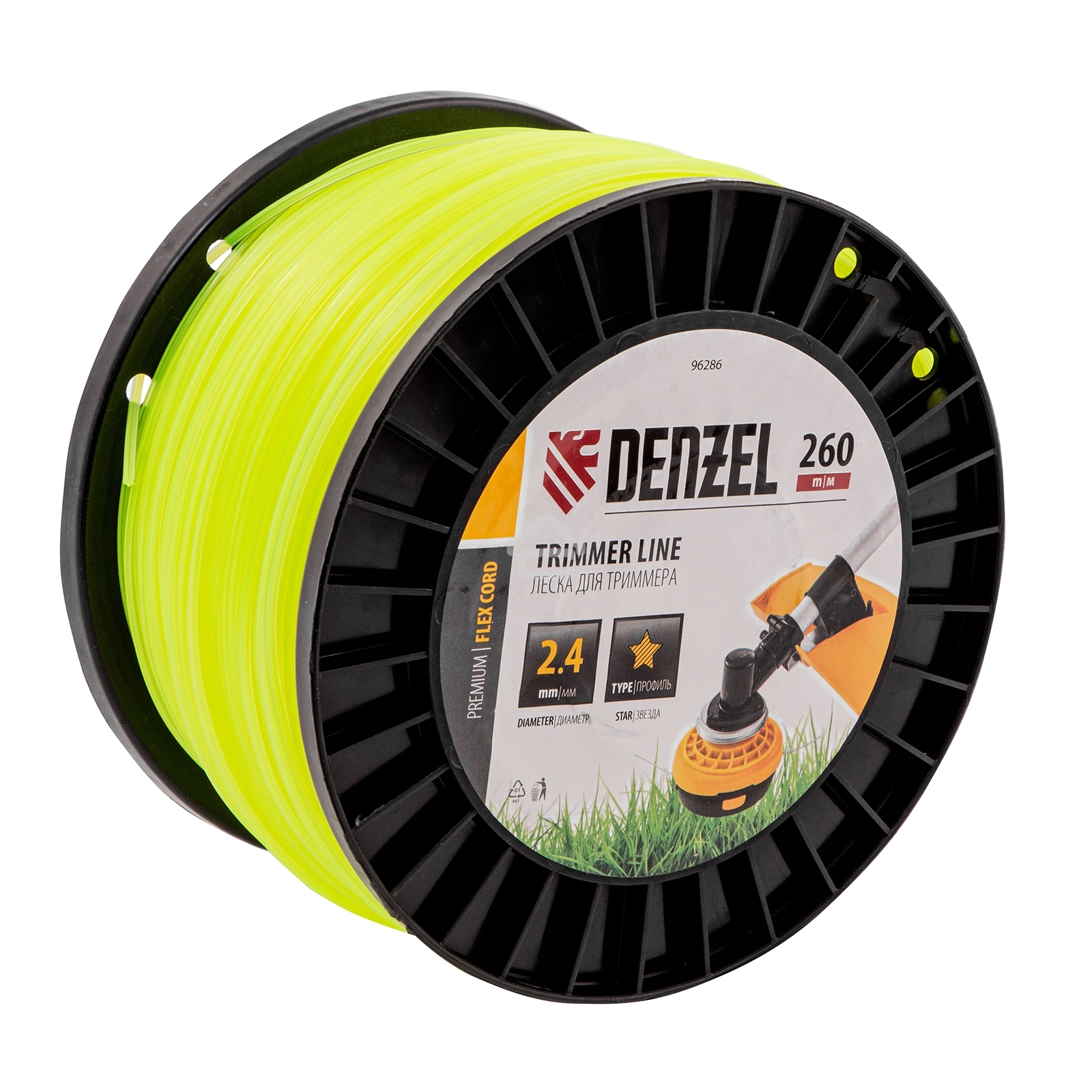 Леска для триммера Denzel звезда, 2,4мм х 260м, на DIN катушке FLEX CORD