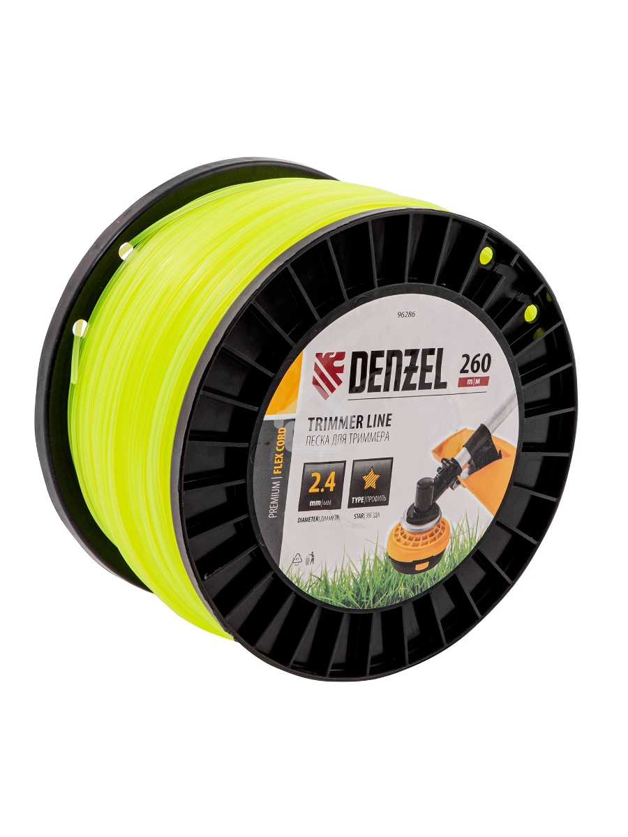 Леска для триммера звезда, 2,4мм х 260м, на DIN катушке FLEX CORD Denzel