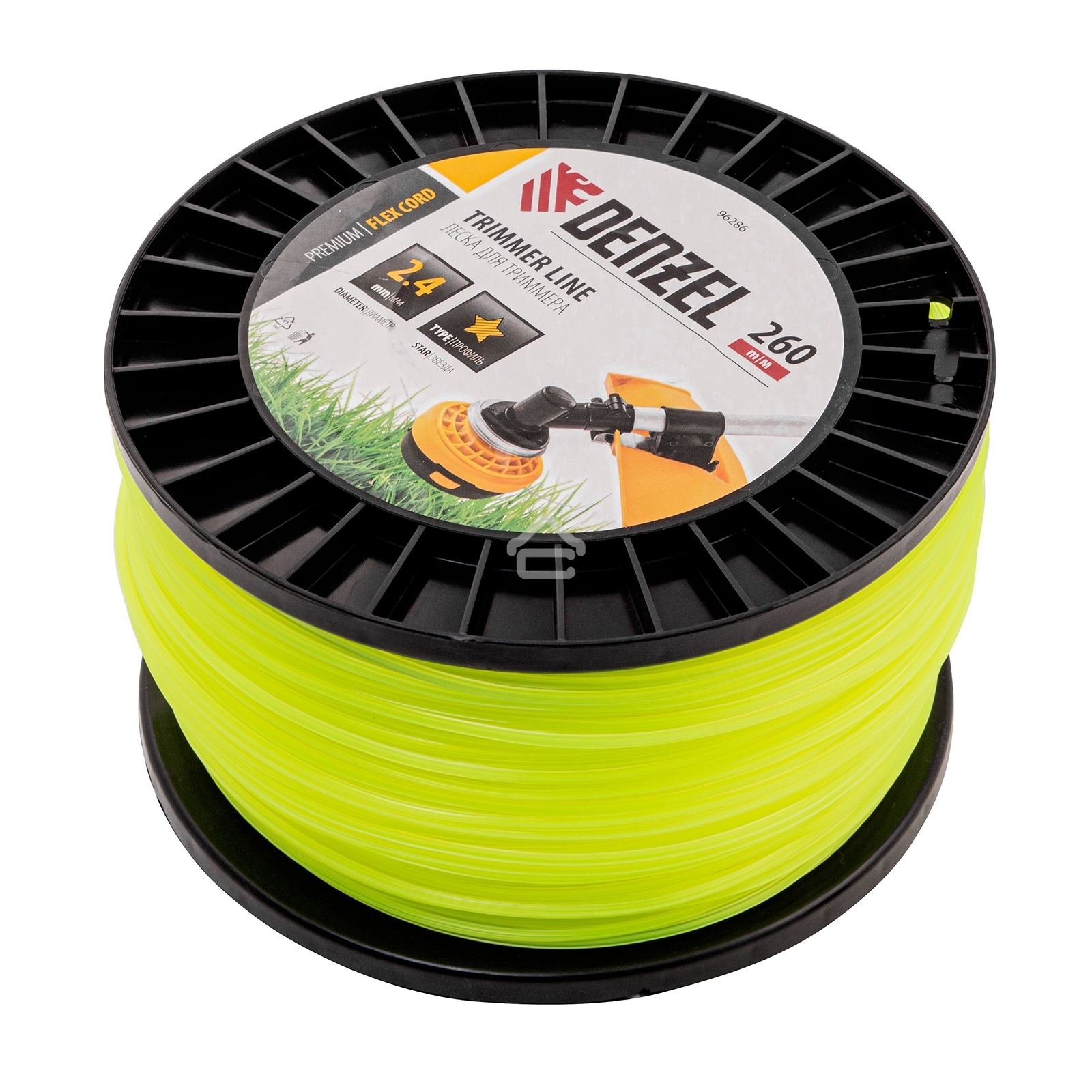 Леска для триммера Denzel звезда, 2,4мм х 260м, на DIN катушке FLEX CORD