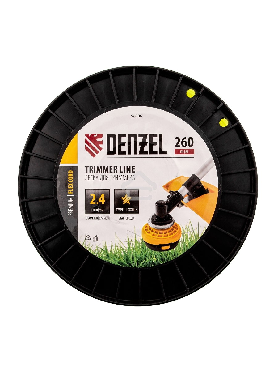 Леска для триммера звезда, 2,4мм х 260м, на DIN катушке FLEX CORD Denzel