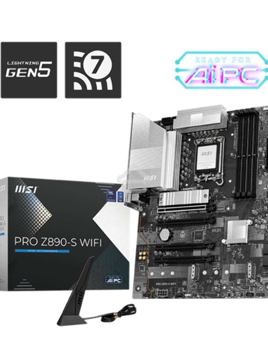 Материнская плата MSI PRO Z890-S WIFI, LGA 1851, Intel Z890, 4xDDR5, 4xSATA, 3xM.2, 1xPCIe 5.0 x16, 2xPCIe 4.0 x4, 1xHDMI, 1xDP, 1xUSB-C Thunderbolt 4, 1xUSB-C 3.2 Gen 2x2, 1x 2.5Gb LAN, 6xUSB-A 3.2 Gen 1, 3x3.5 мм, 7.1, ATX