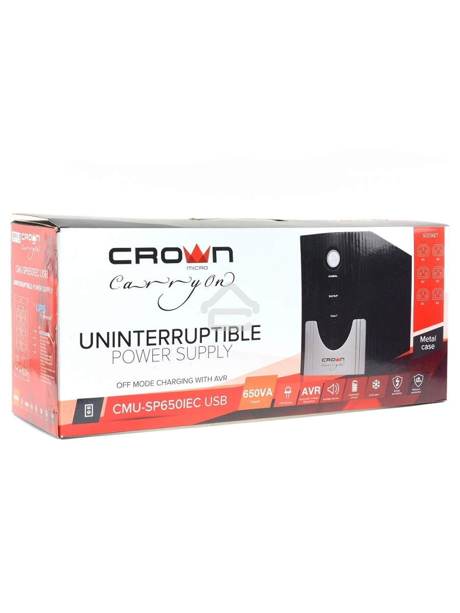 Источник бесперебойного питания CROWN Line Intractive CMU-SP650IEC USB 650VA\360W, корпус металл, 1x12V/7AH, розетки 6*IEC, трансформатор AVR 140-290V, cъёмный кабель 1.2 м, порт RJ11/45, порт USB, защита: от перегрузки, от КЗ, от скачков напряжения