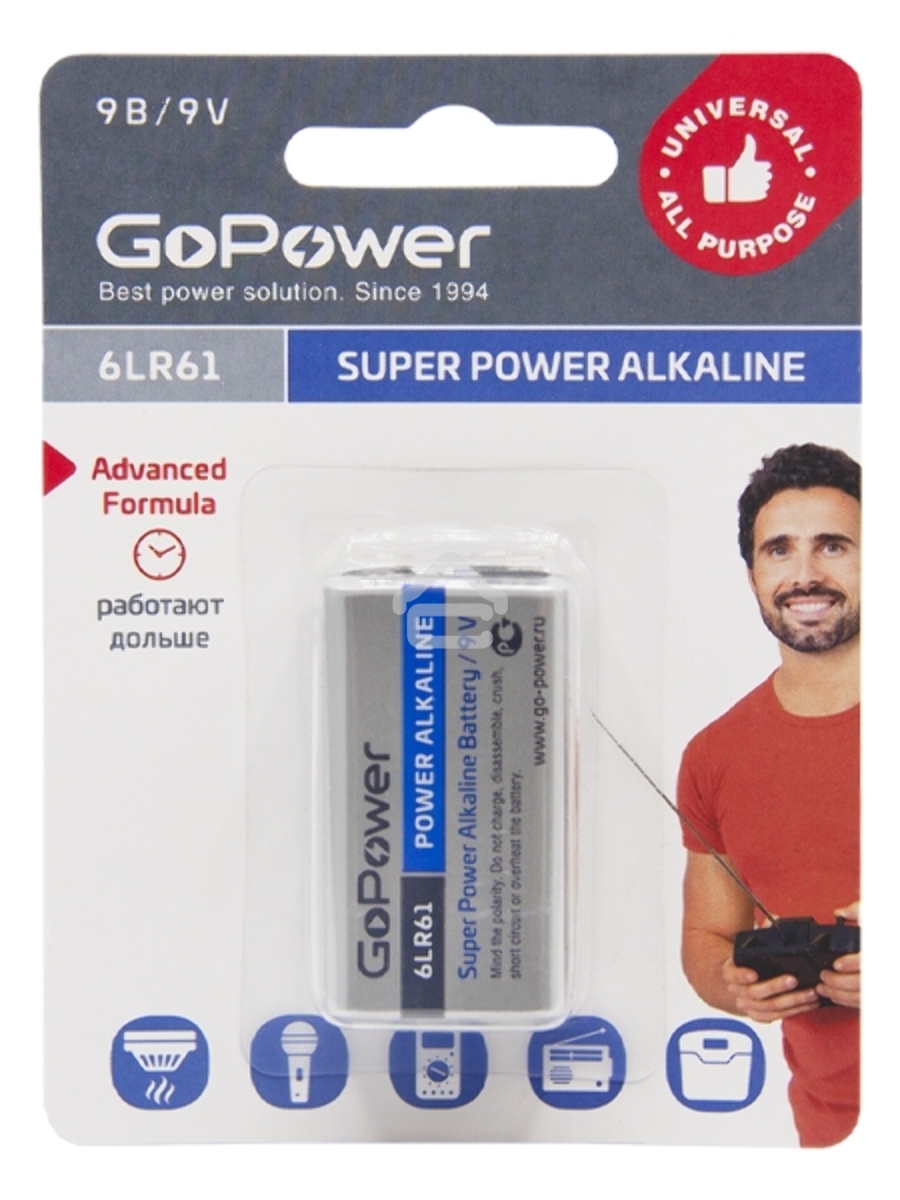 Батарейка GoPower Крона 6LR61 BL1 Alkaline 9V (1/10/240)