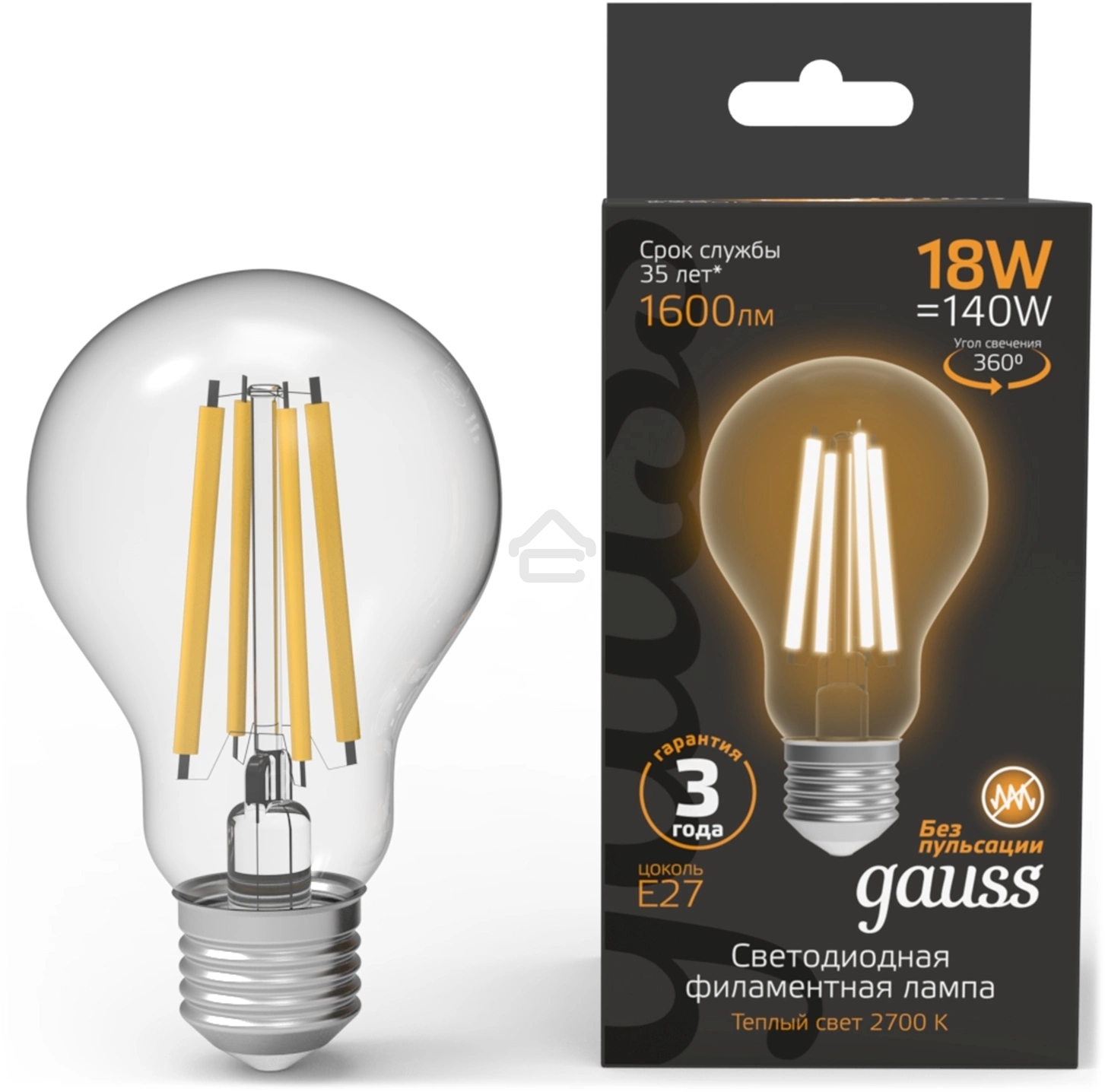 Лампа светодиодная филаментная Gauss Filament 18Вт цок.:E27 груша св.свеч.бел.теп. (упак.:10шт)