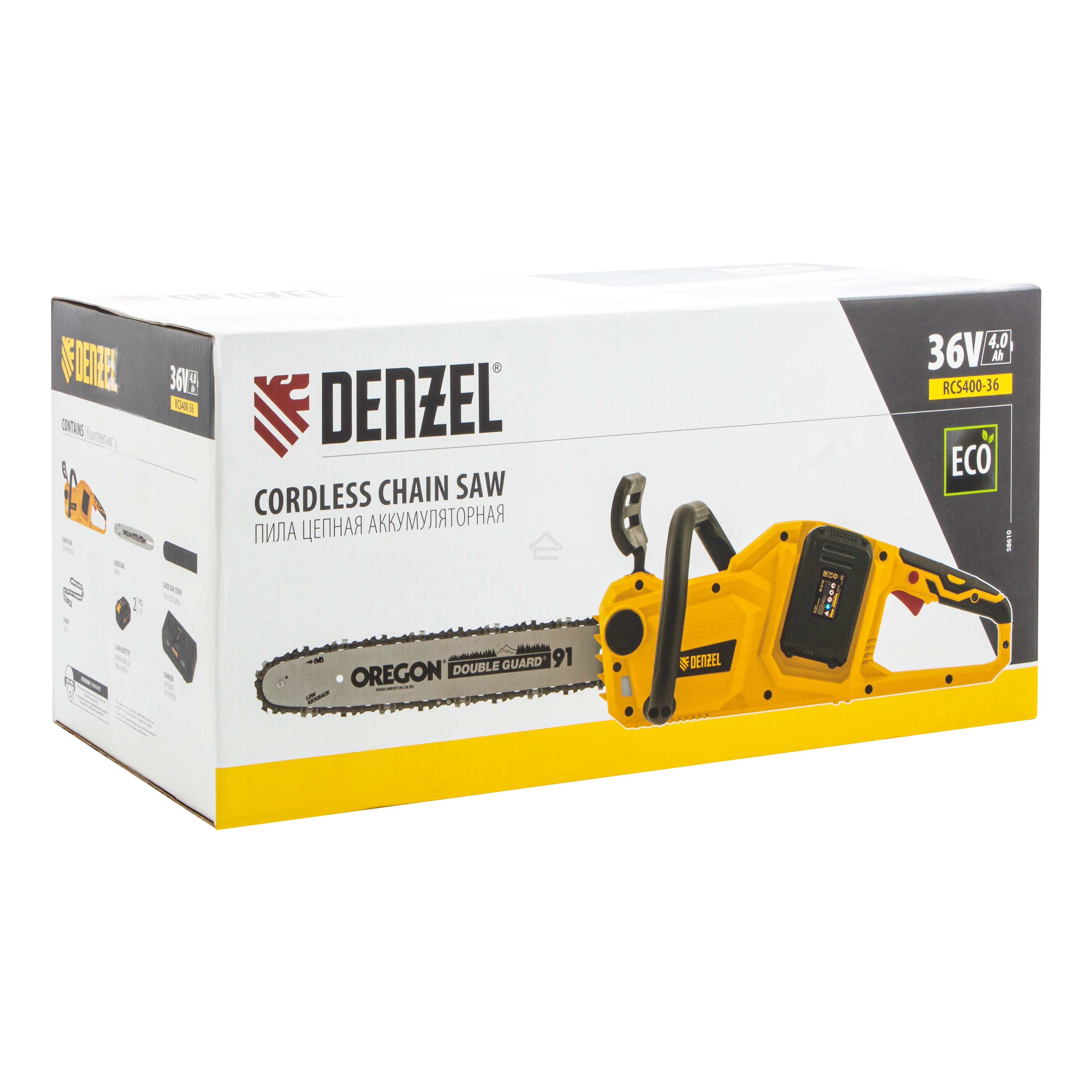 Цепная пила аккумуляторная бесщет. Denzel RCS400-36, Li-ion, 36 В, 4 А·ч, шина 400 мм/ 58610